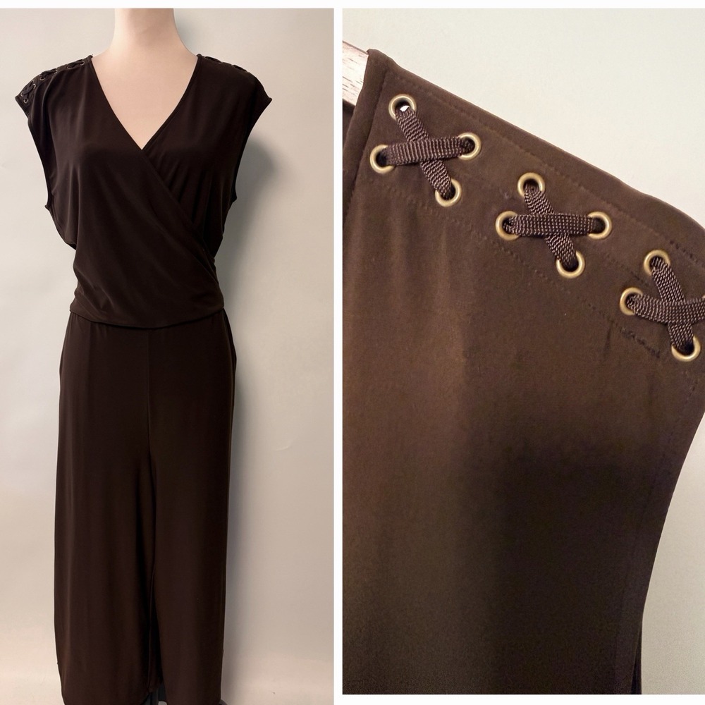 Lauren Ralph Lauren Faux Wrap Jumpsuit Large Wide Leg V-neck lace up shoulders